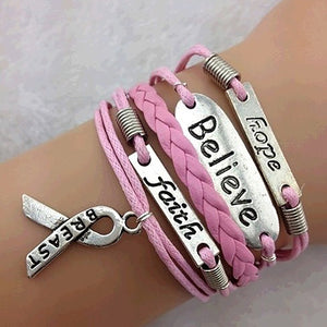 Hope Believe Faith Wrap Around Leather Breast Cancer Bracelet