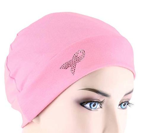 Chemo Cap with Pink Ribbon Metallic Rhinestud