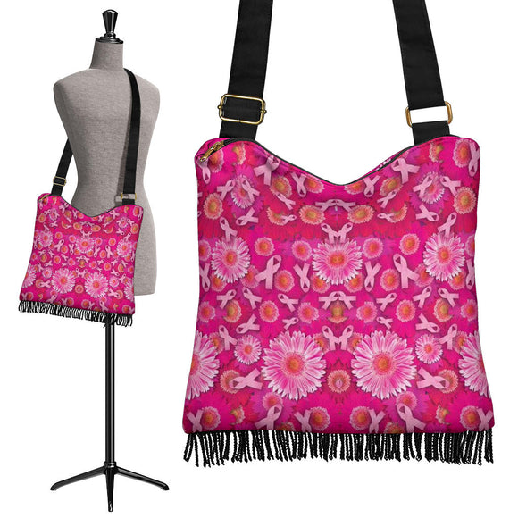 Pink Ribbons and Flowers Crossbody Boho Handbag